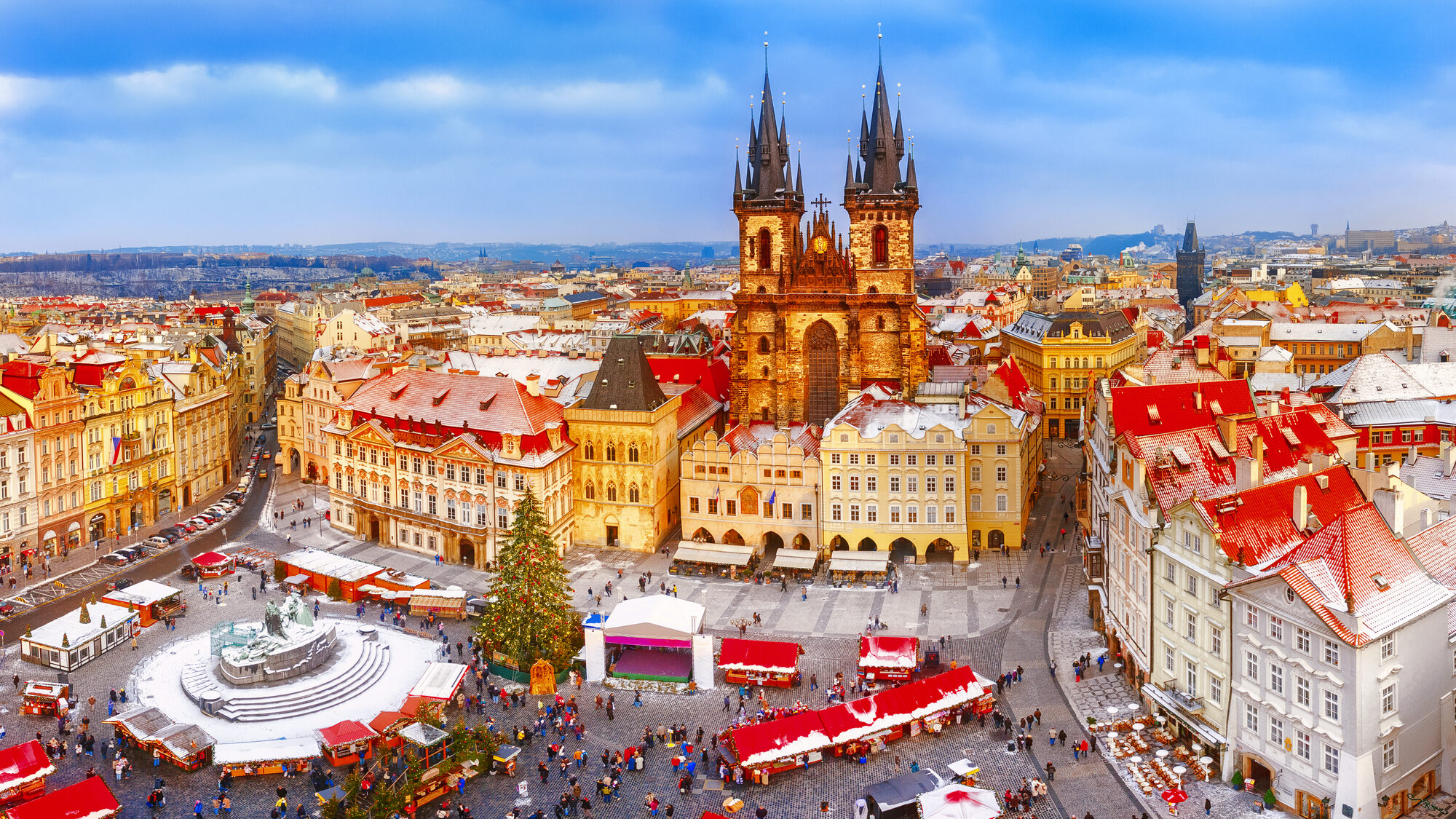 Prague. Panoramic aerial view of Chrismtas market. Seasonal wint